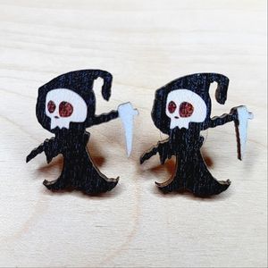 Grim Reaper with Scythe, Wood Stud Earrings